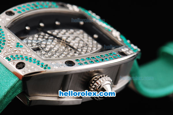 Richard Mille RM007 Automatic Movement Silver Case with Diamond Hour Marker and Diamond Bezel-Green Leather Strap - Click Image to Close